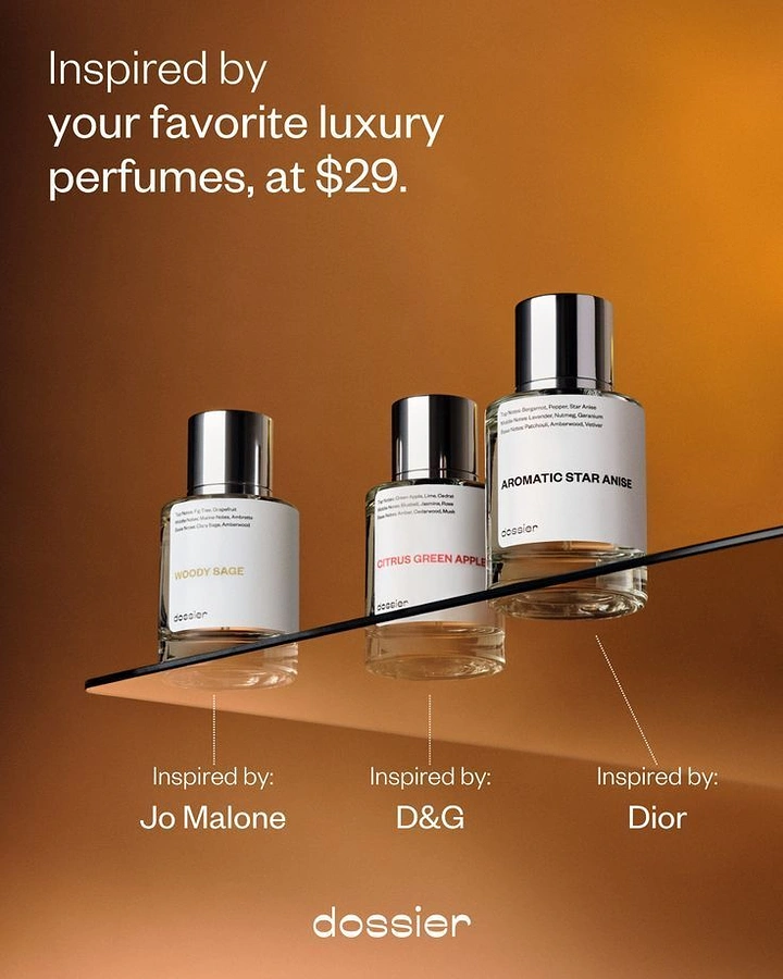 Creative ad: Three perfume bottles on a diagonal glass shelf