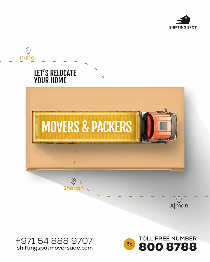 Movers & Packers creative ad: Moving box turned into truck on route map