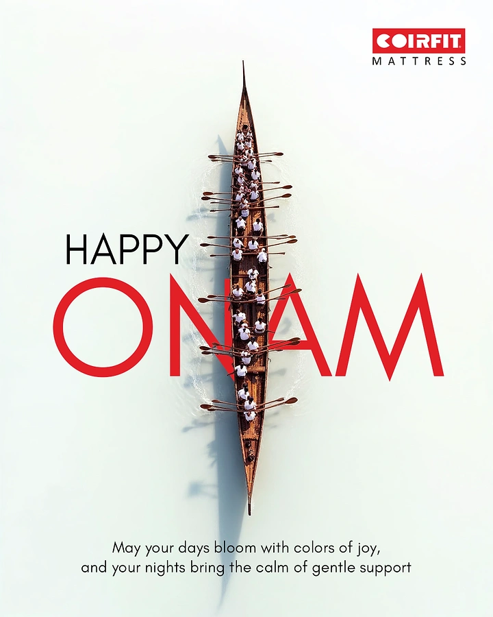 Onam creative ad: Top-down view of a snake boat with rowers