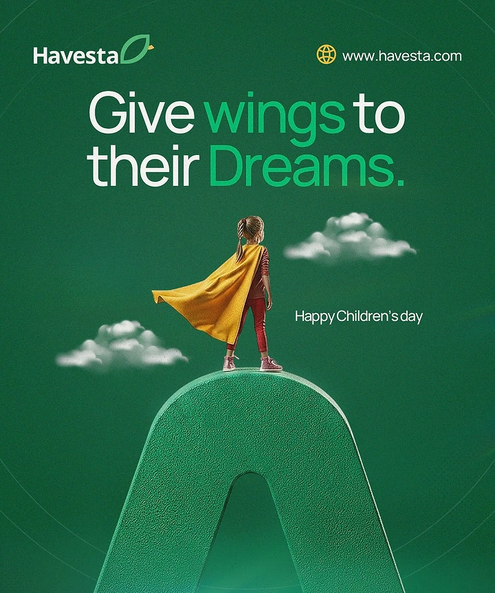 Children's Day creative ad: Girl in yellow cape standing atop a giant green 3D letter arch