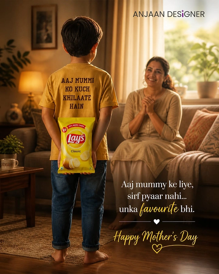 Mother's Day creative ad: Boy hiding a chips packet behind his back for his smiling mother