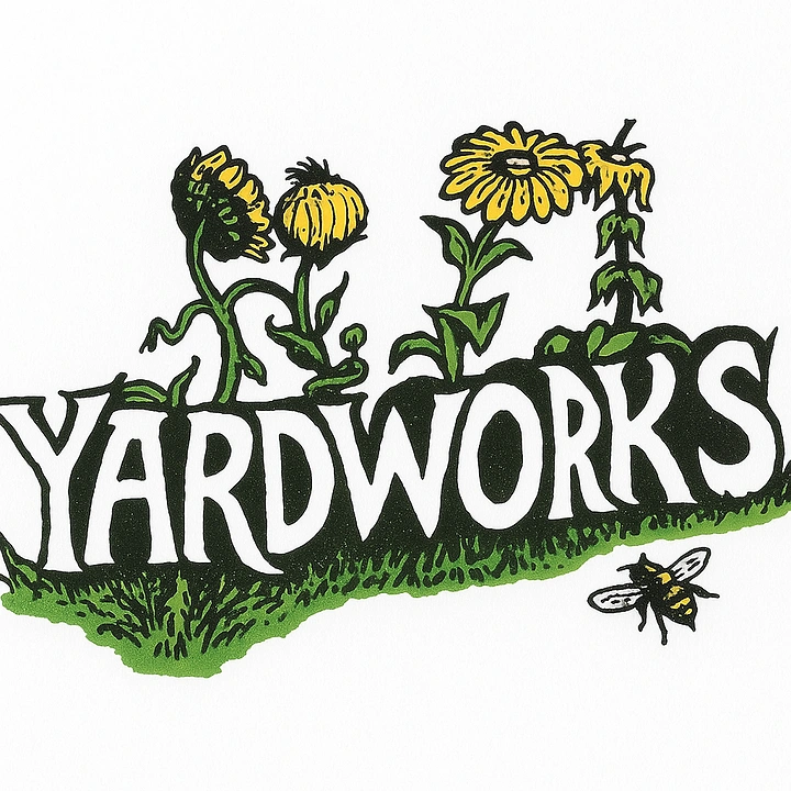Landscaping & Gardening creative ad: Hand-drawn garden wordmark with flowers and a bee