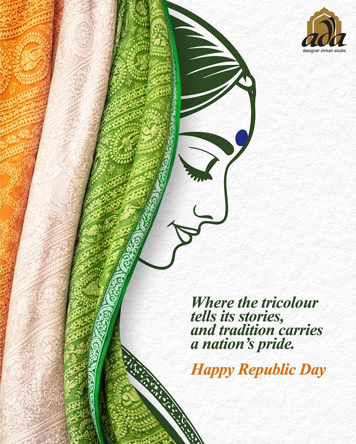 Republic Day creative ad: Saffron, white and green chikan fabrics draped as a woman's dupatta around a line-art face