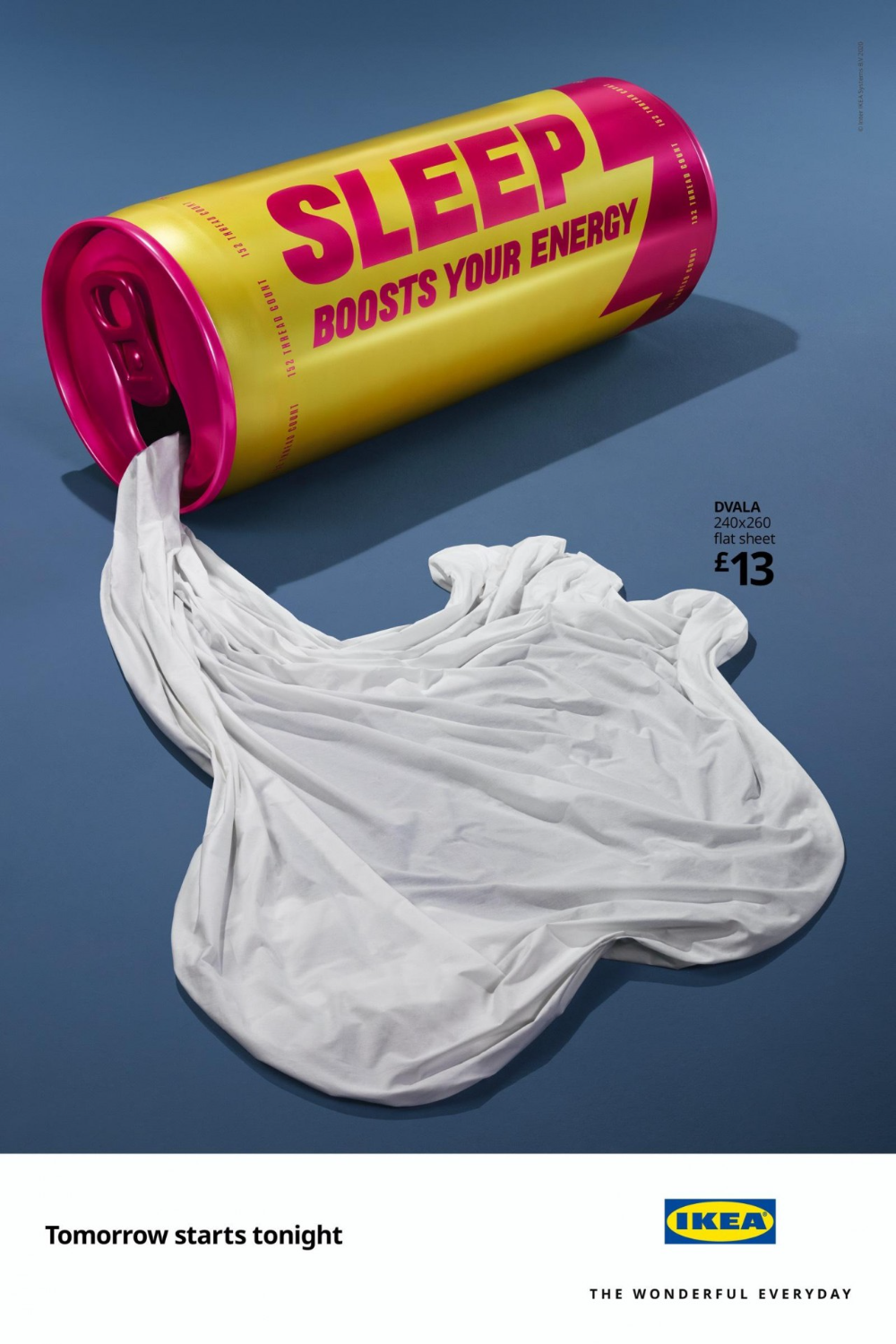 Poster: Energy-drink can spilling a white bedsheet like liquid