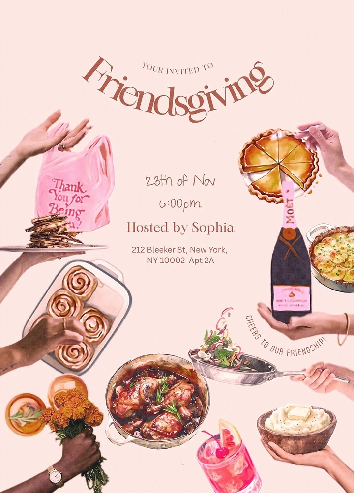 Thanksgiving creative ad: Collage of hands passing festive dishes around an invitation