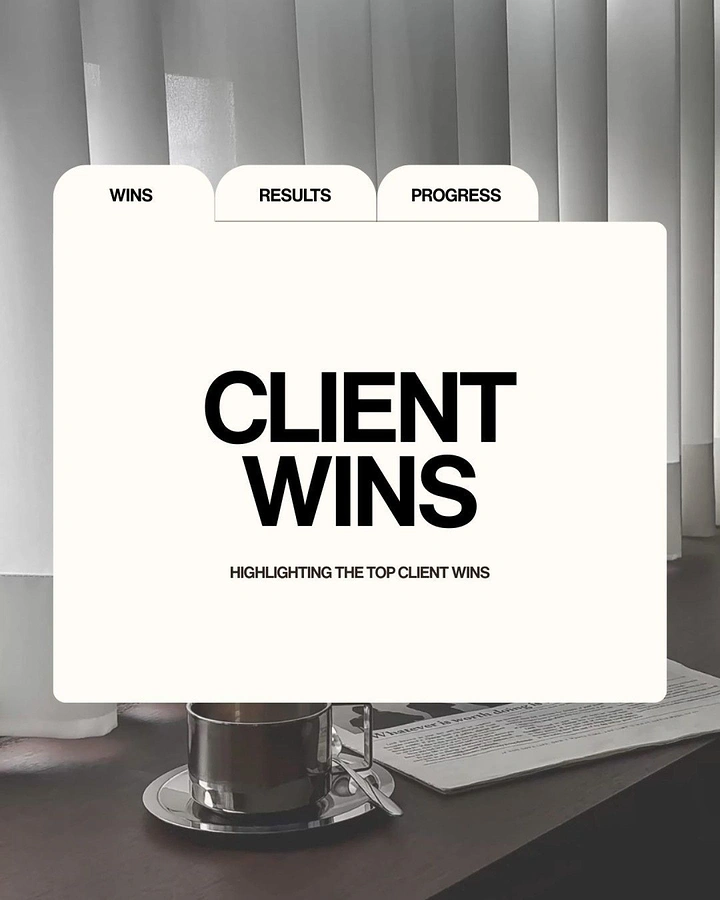 Agency creative ad: Folder-tab UI overlay framing client wins