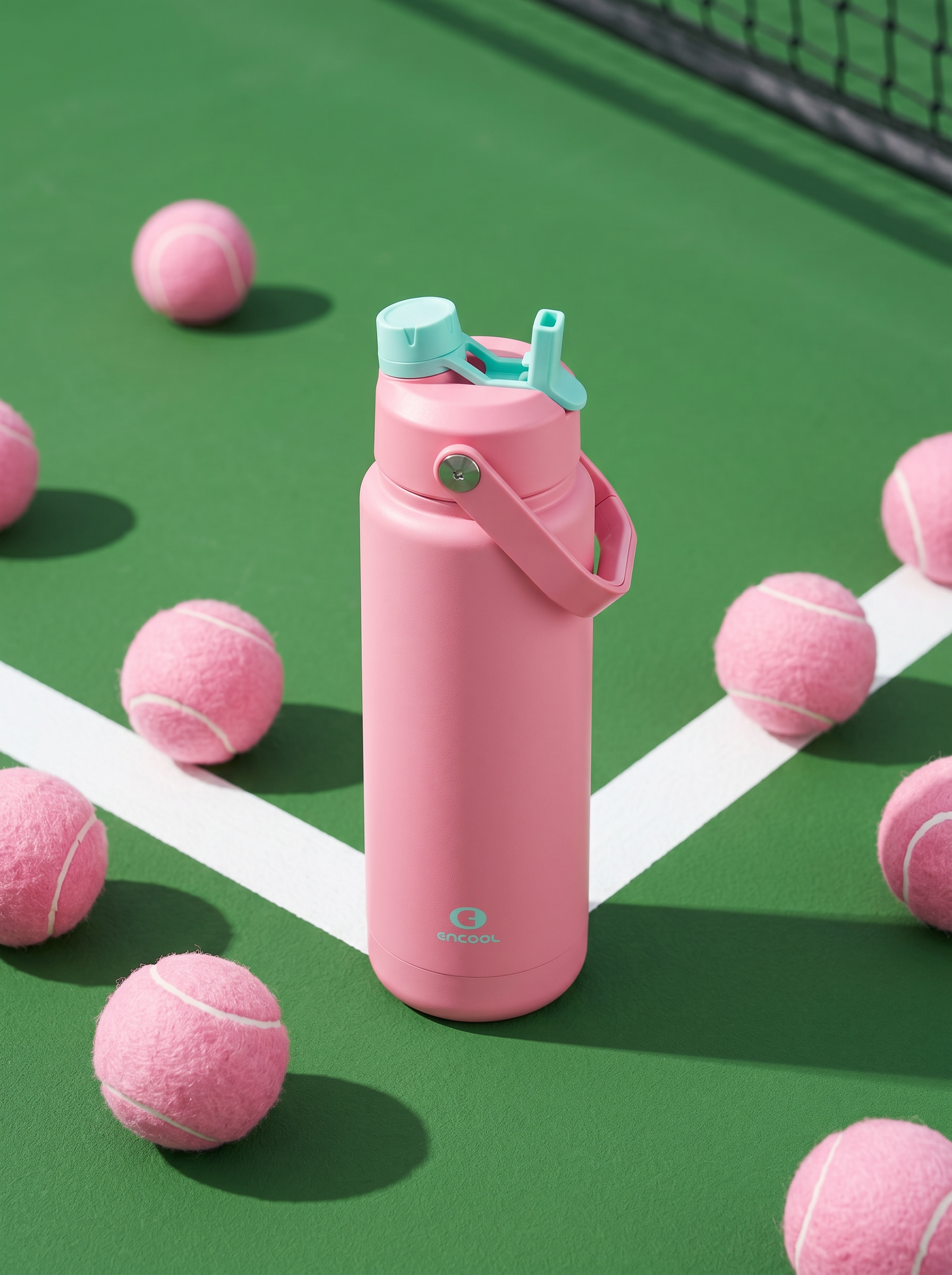 Instagram post: Unexpected tumbler tennis-court setting