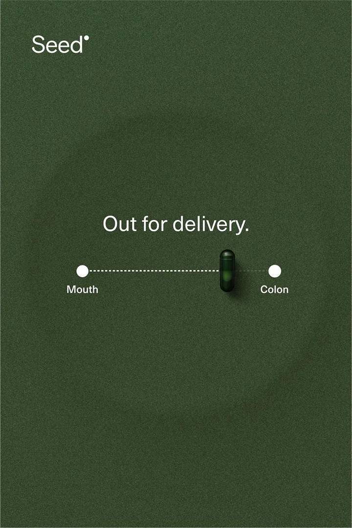 Wellness & Ayurveda creative ad: Green capsule on a delivery-tracking progress line