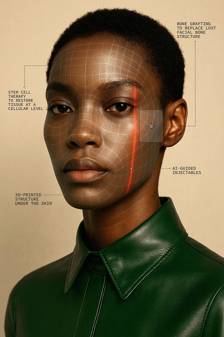 Plastic Surgery Clinics creative ad: Face treated as technical diagnostic illustration