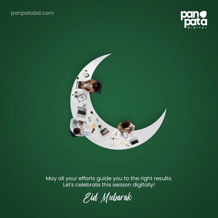 Eid creative ad: Crescent-shaped desk with people working, seen from above