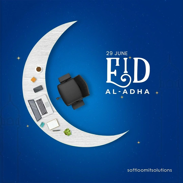Eid creative ad: Crescent moon made into a top-down office desk with a chair and laptop