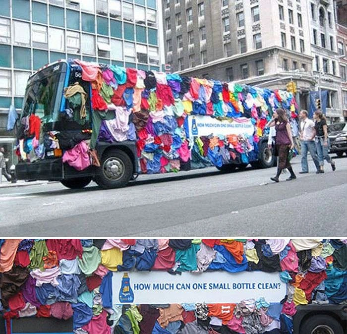 Laundry & Dry Cleaning creative ad: Bus wrapped in clothes, one bottle