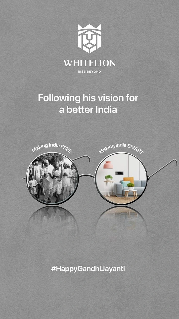 Gandhi Jayanti creative ad: Gandhi's round spectacles framing past and present scenes