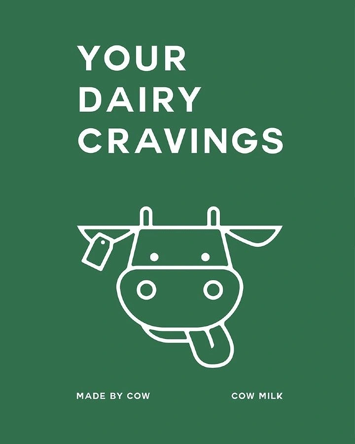 Dairy Brands creative ad: Minimal cow line icon licking, bold