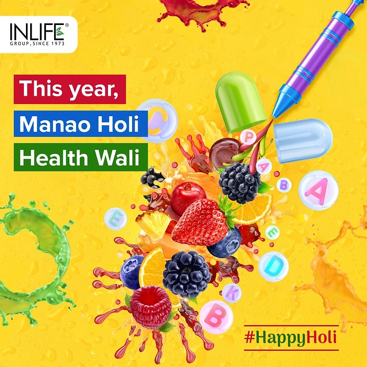 Holi creative ad: Capsule pichkari spraying fruits and vitamins