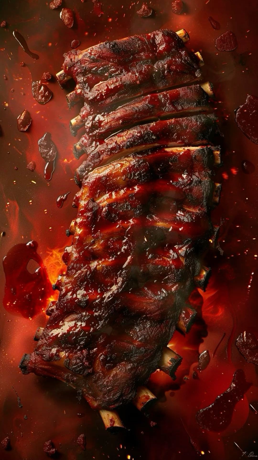 Story: Dramatic ribs arranged in a sauce-splash scene