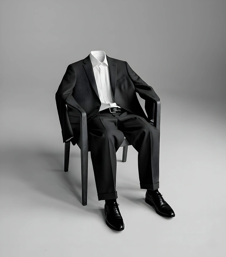 Men's Suits & Formal Wear creative ad: Empty suit staged as seated person