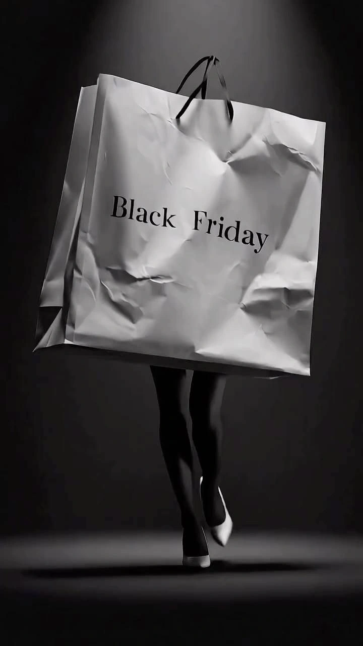 Black Friday creative ad: Giant crumpled shopping bag walking on legs in heels