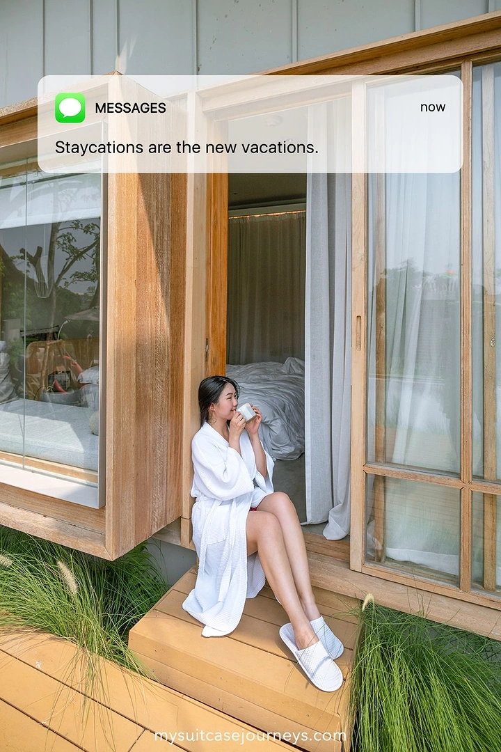 Vacation Rentals & Holiday Homes creative ad: Staycation wordplay over cabin image