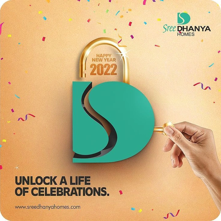 New Year creative ad: Brand monogram shaped as padlock unlocked by hand with gold key
