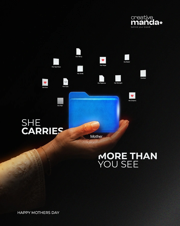 Mother's Day creative ad: Mother's hand holding a glowing blue computer folder labelled Mother