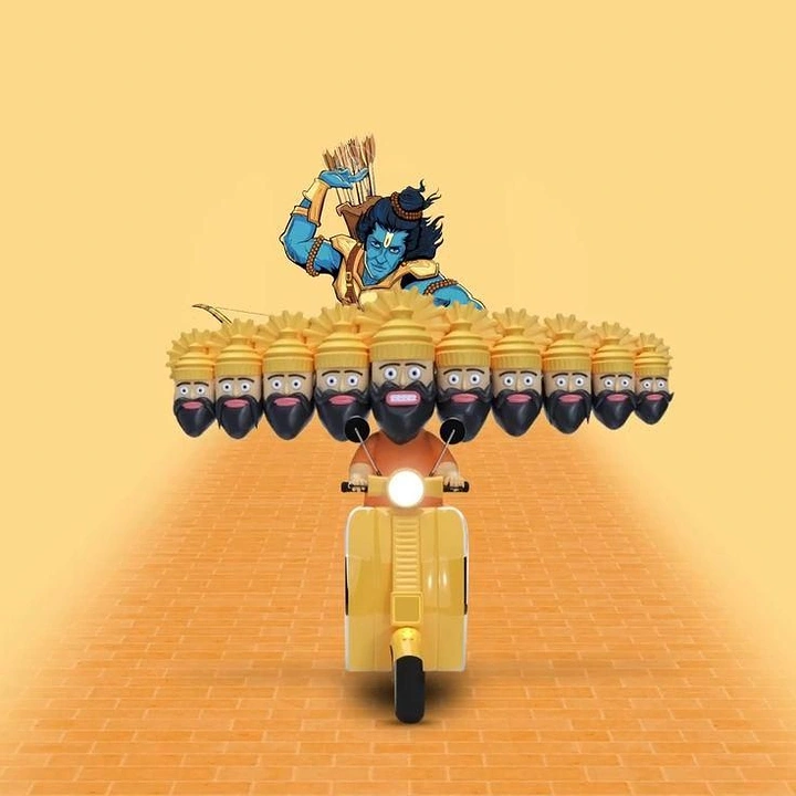 Dussehra creative ad: Ten-headed 3D cartoon demon on a yellow scooter, with archer deity behind