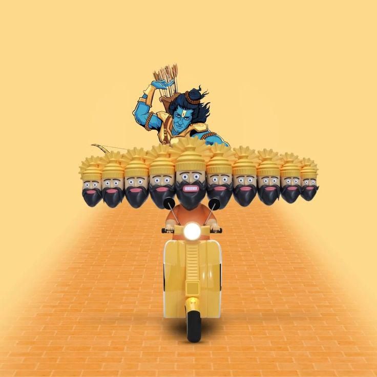 Ten-headed 3D cartoon demon on a yellow scooter, with archer deity behind