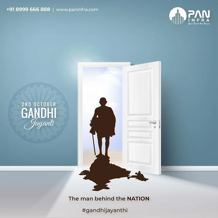 Gandhi Jayanti creative ad: Gandhi silhouette in an open doorway casting an India-map shadow