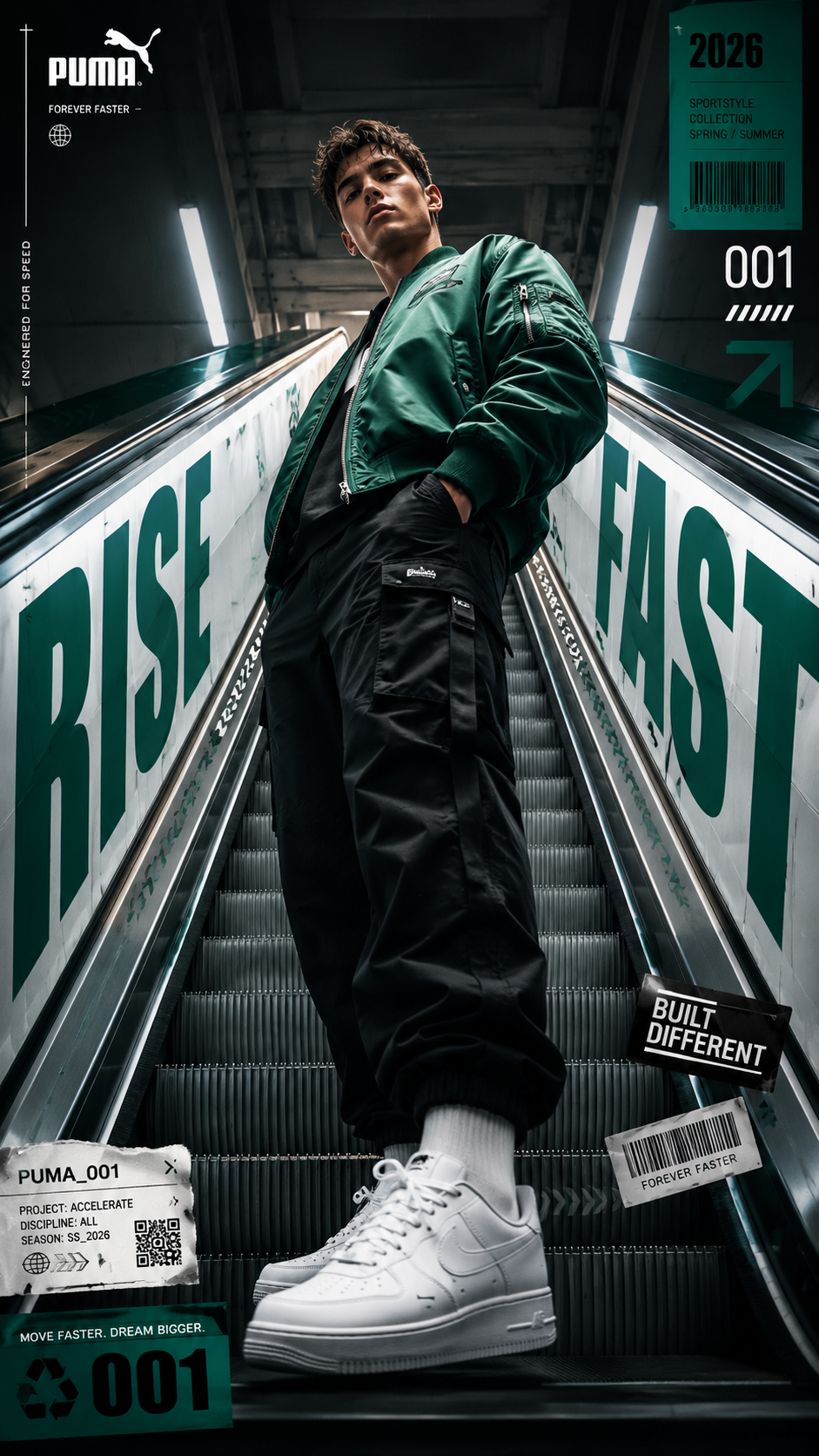 Story: Low-angle shot of a male model in a green bomber and white sneakers on a subway escalator