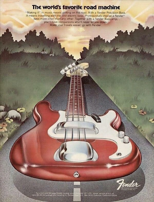 Musical Instrument Stores creative ad: Red bass guitar lying as a road stretching to the horizon