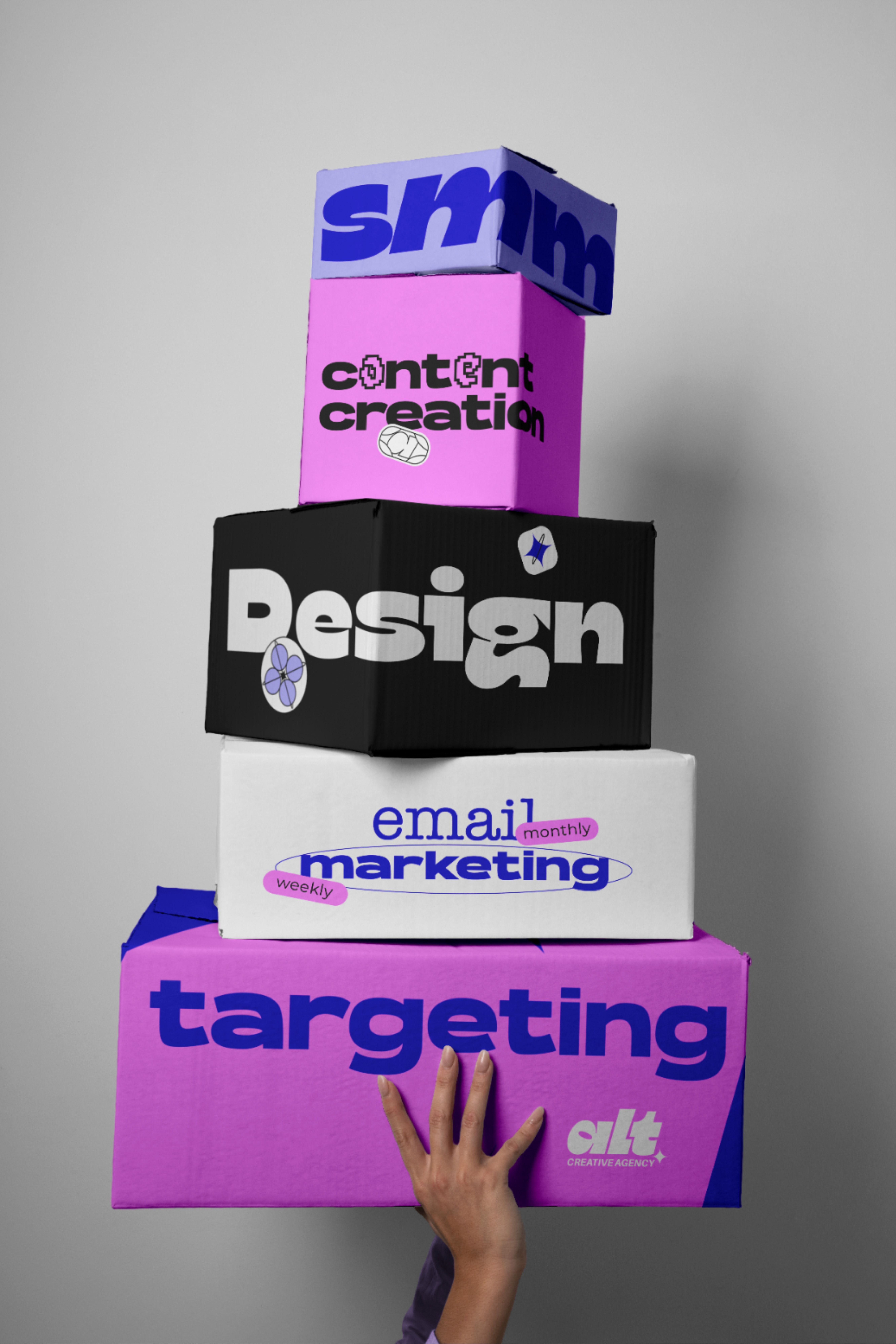 Stacked service boxes, bold typographic metaphor