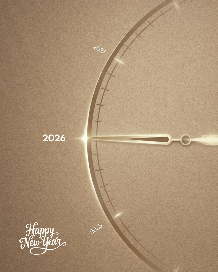 New Year creative ad: Gold gauge needle pointing to the new year on a curved dial