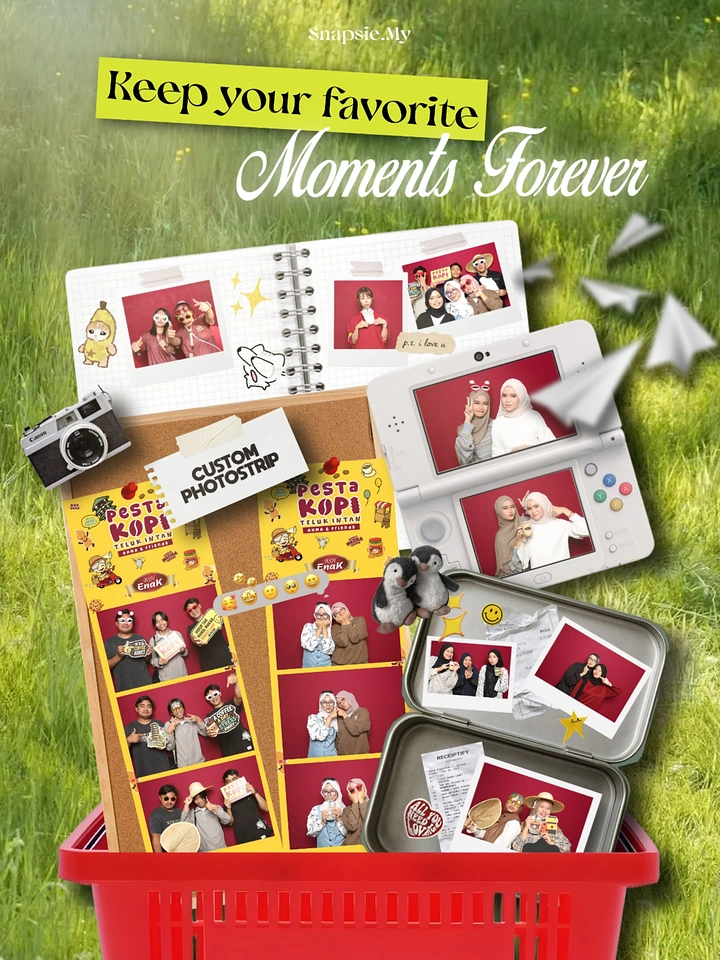 Photo Booth Rentals creative ad: Memory products presented as keepsake basket