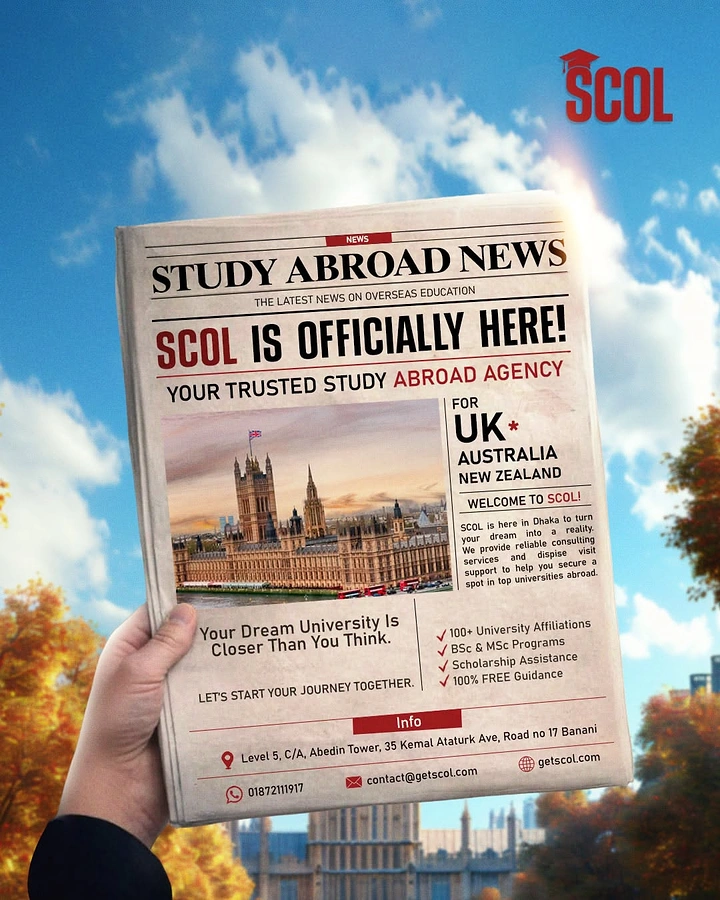 Study Abroad Consultants creative ad: Study service framed as breaking newspaper news