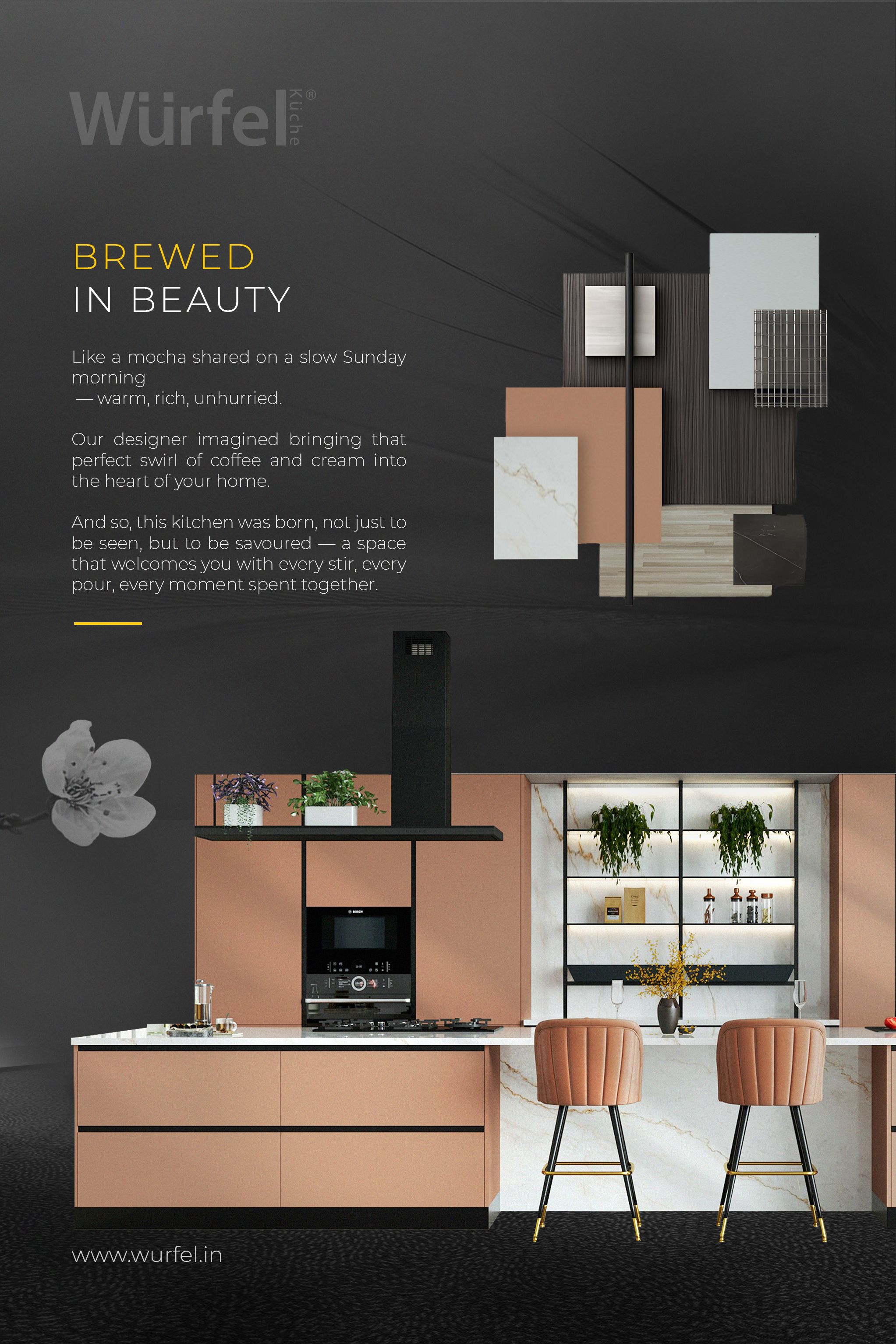 Poster: Moody mocha-toned designer kitchen with material collage