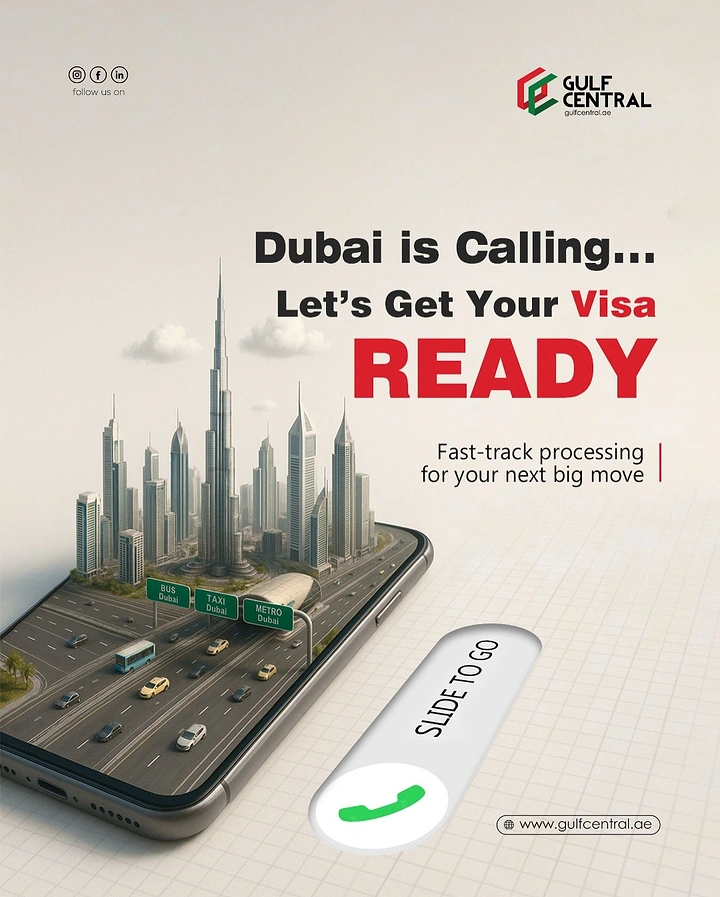 Visa & Immigration creative ad: Miniature skyline and highway rising out of a smartphone screen