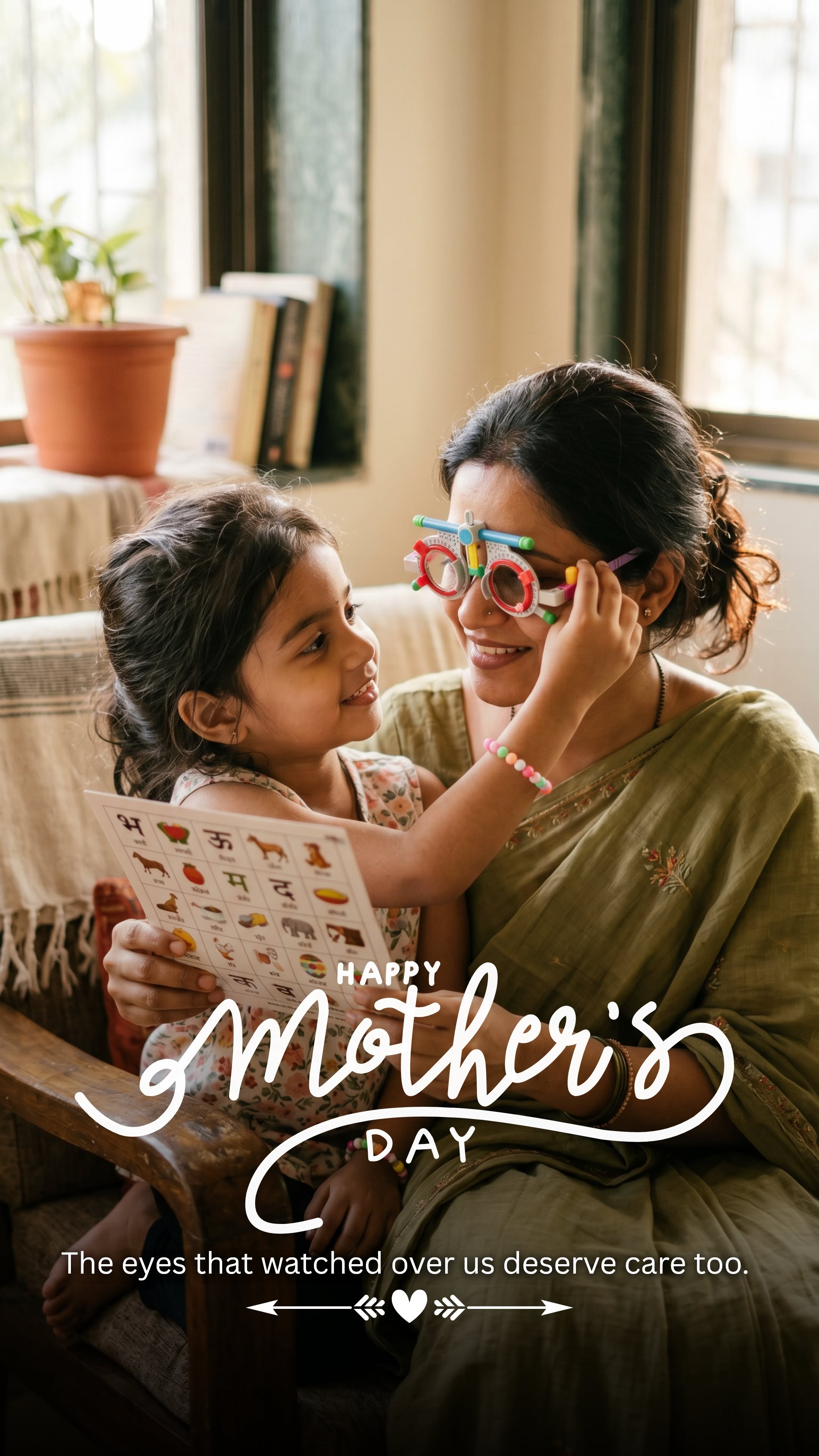 Daughter putting optometry trial glasses on her smiling mother