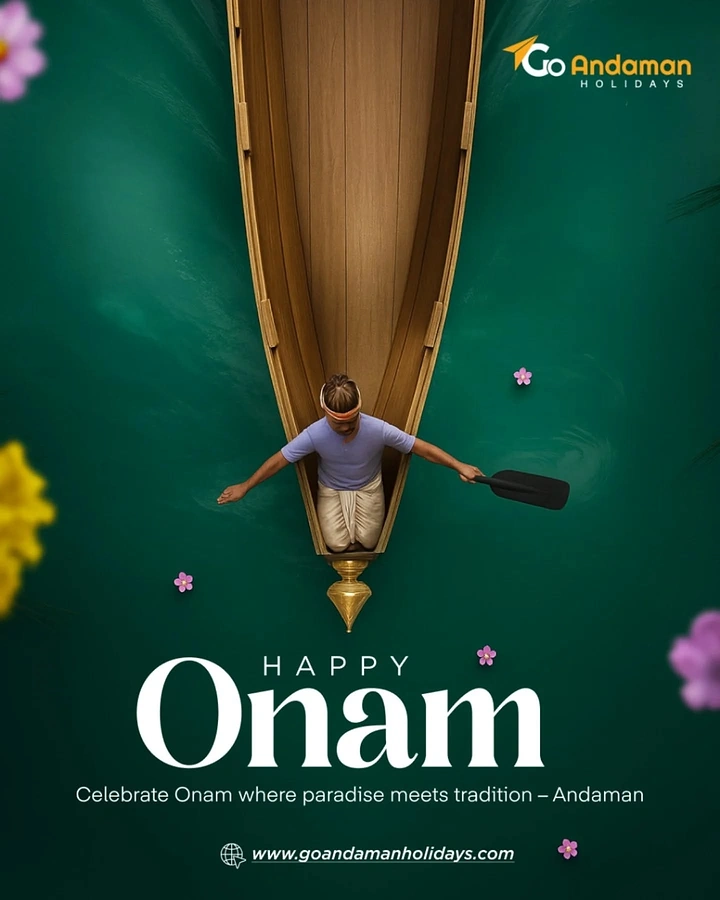 Onam creative ad: Top-down view of a man in a traditional wooden boat on green water