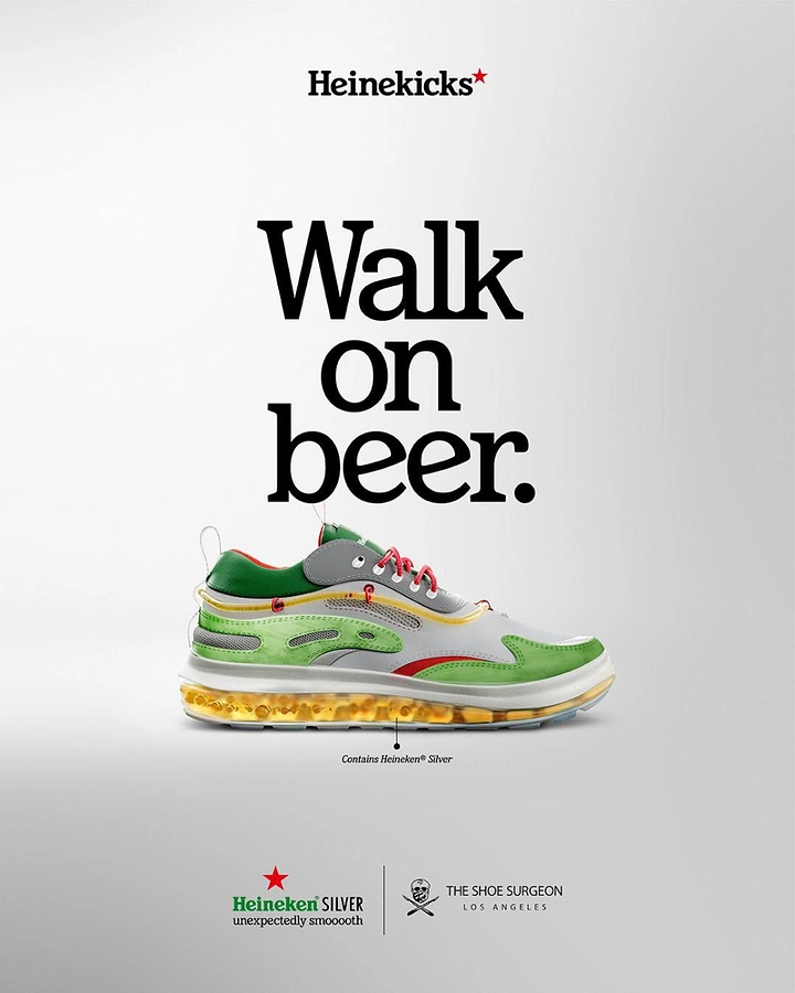Streetwear creative ad: Green and grey sneaker with a beer-filled translucent sole