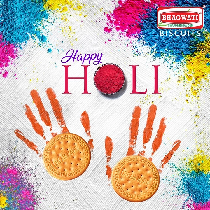 Holi creative ad: Orange paint handprints with round Marie biscuits as palms