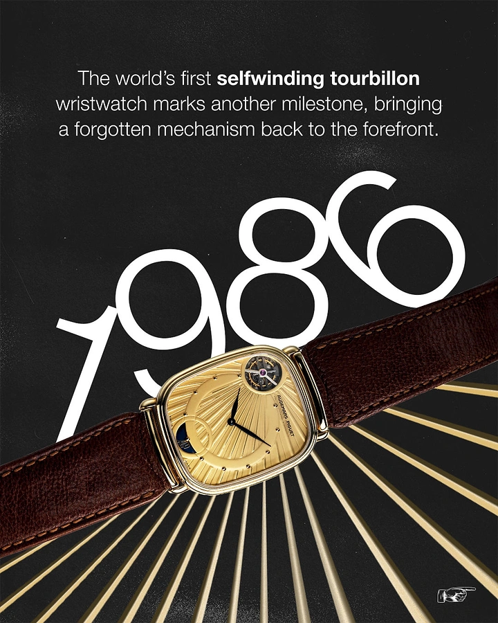 Creative ad: Gold tourbillon watch on a brown leather strap over large year numerals