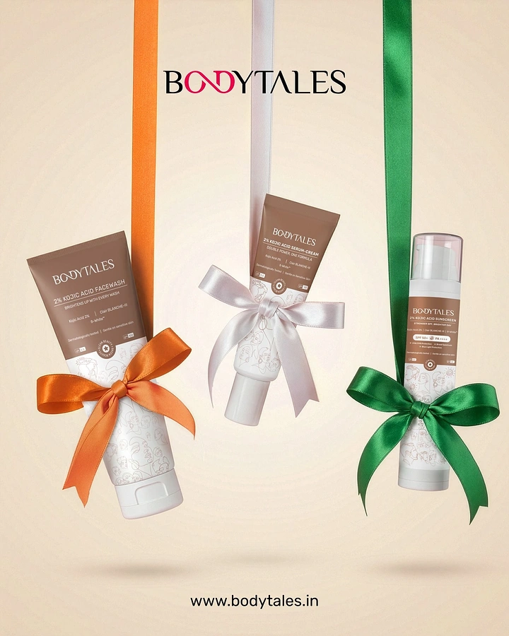 Republic Day creative ad: Three skincare products hanging from saffron, white and green ribbons