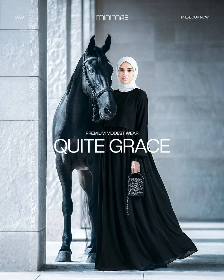 Modest Fashion, Hijabs & Abayas creative ad: Model in black abaya and white hijab standing beside a black horse