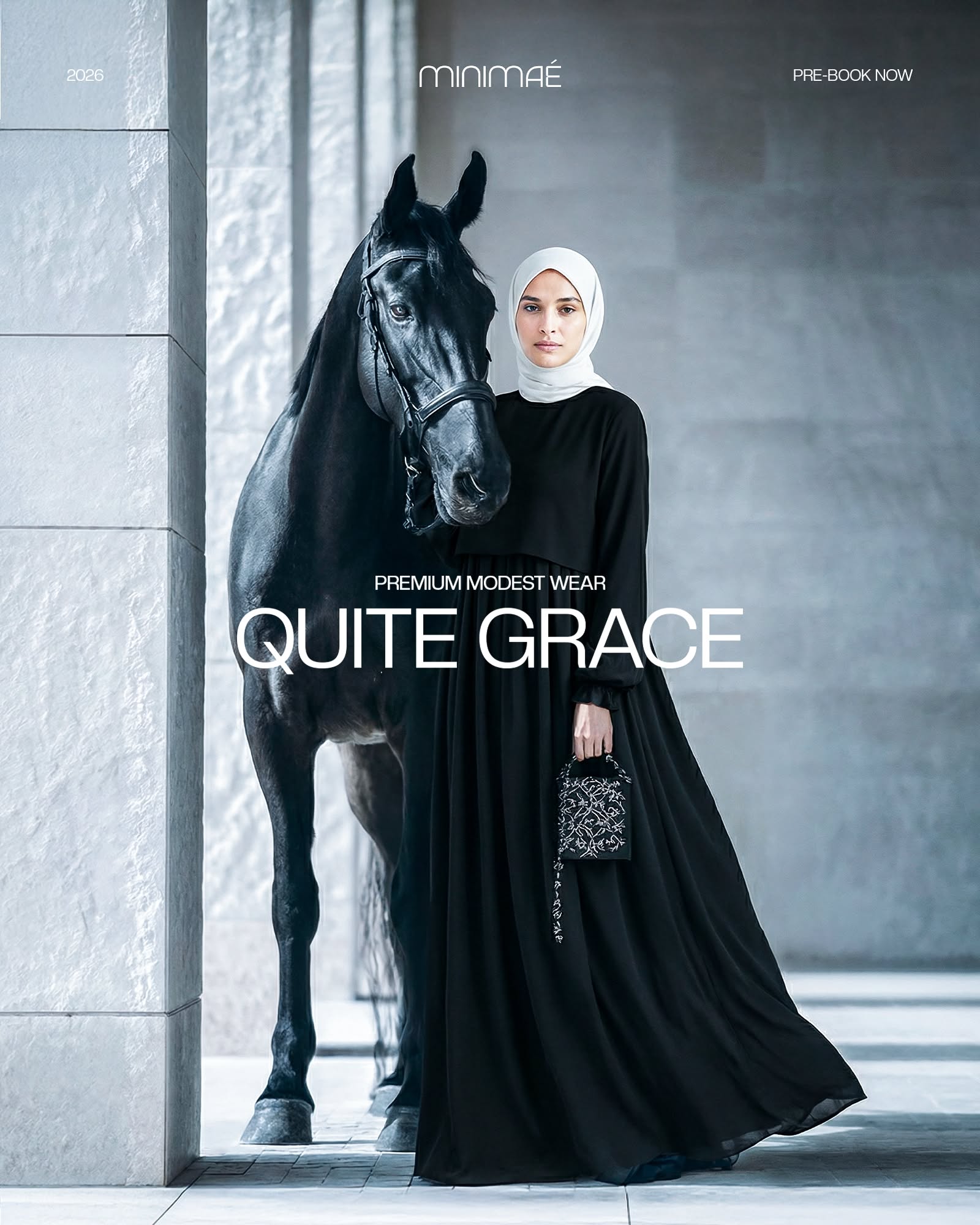 Instagram post: Model in black abaya and white hijab standing beside a black horse