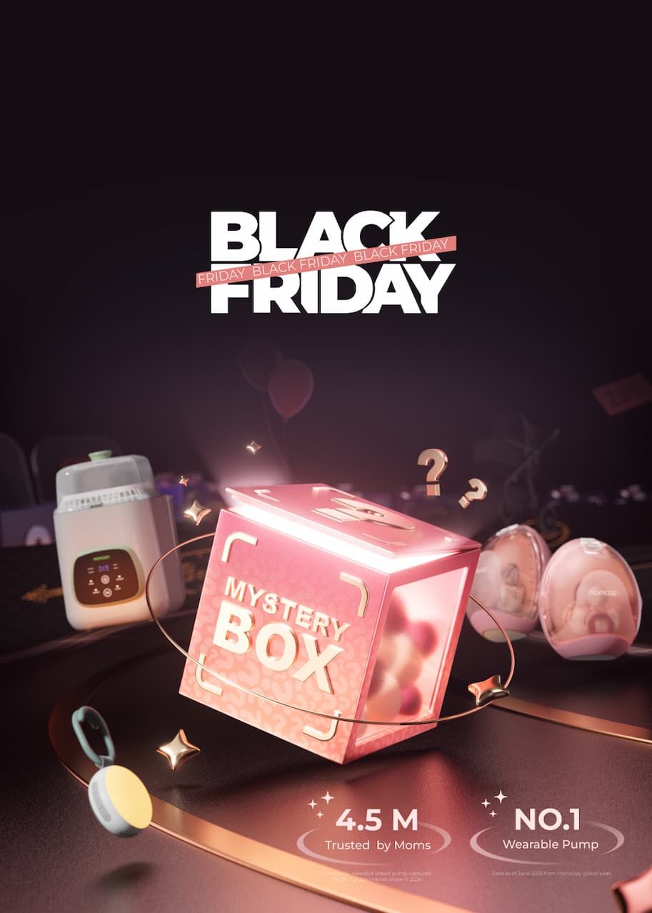 Glowing pink mystery box surrounded by baby-care products
