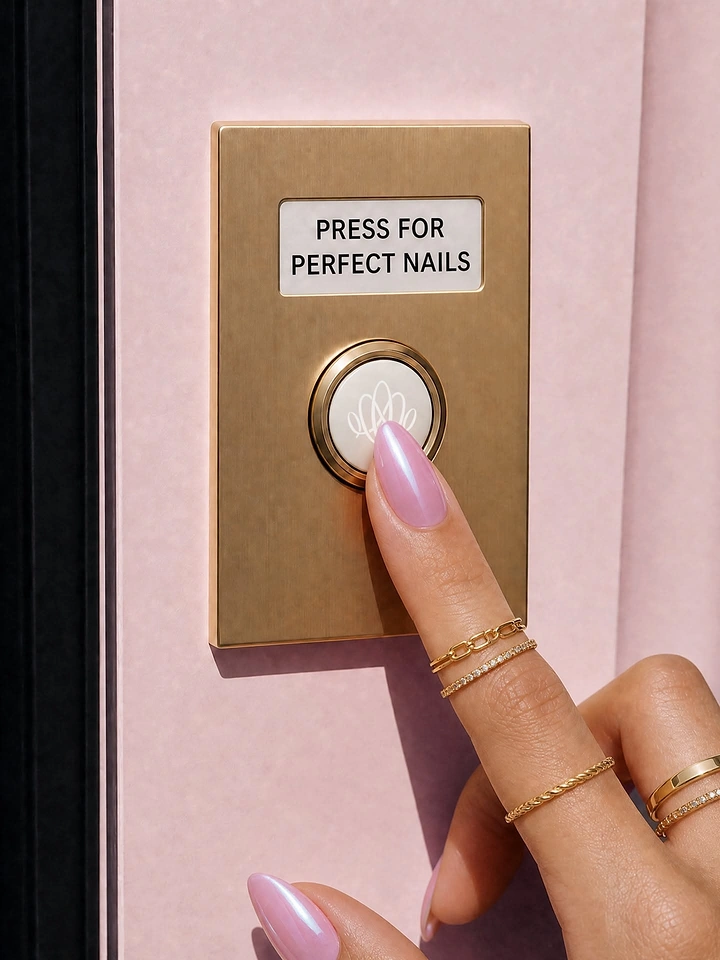 Nail Salons creative ad: Pink-manicured finger pressing a brass doorbell button