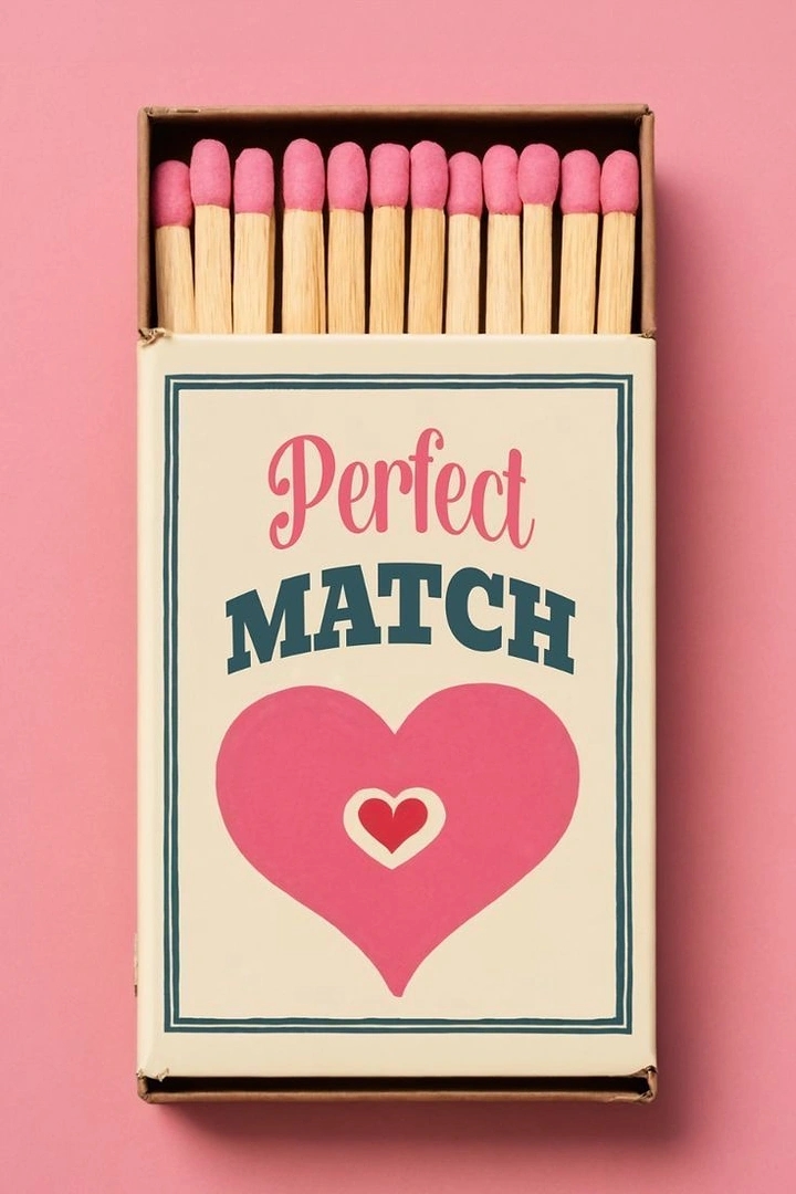 Valentine's Day creative ad: Open matchbox with pink-tipped matches and a vintage heart label