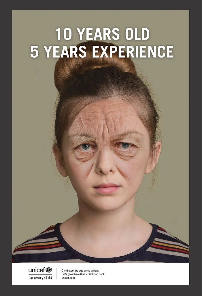 Nonprofit & Social Cause creative ad: Young girl with prematurely aged, wrinkled face