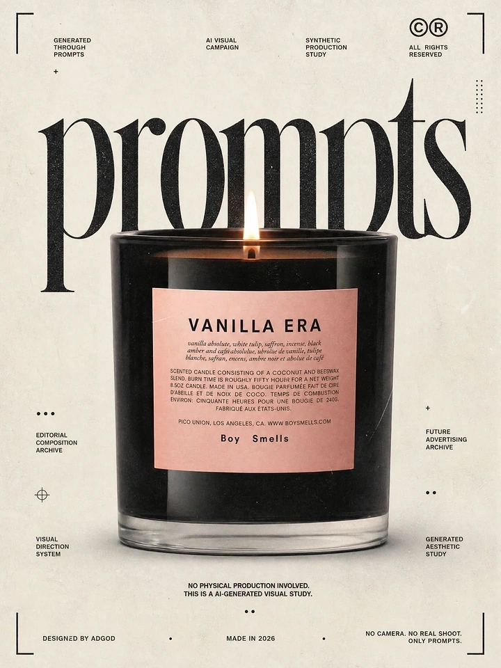 Candles & Home Fragrance creative ad: Editorial 'prompts' poster, AI campaign idea