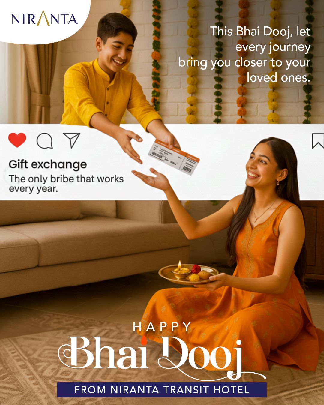 Brother handing a travel ticket to a sister holding an aarti thali